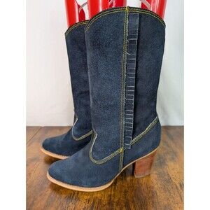 Women's Blue Suede Mid-calf Boots Wooden Heel Size 7 Fringe Detail Snip Toe